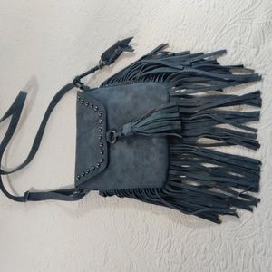 Jessica Simpson Blue Gray Leather Fringed  And Studded Crossbody Handbag Purse